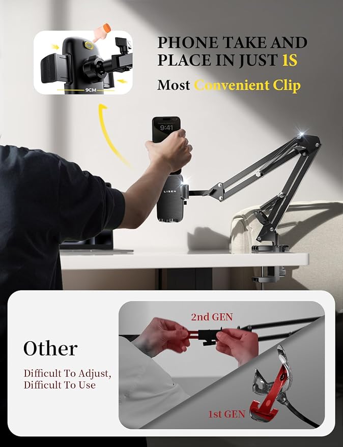 LISEN Cell Phone Holder for Bed Desk, Overhead Phone Mount iPhone Recording | Magic Arm, Gooseneck Phone Holder for Desk, Cell Phone Stand for Desk Recording, Tech Gadgets iPhone Gaming Accessories Gifts
