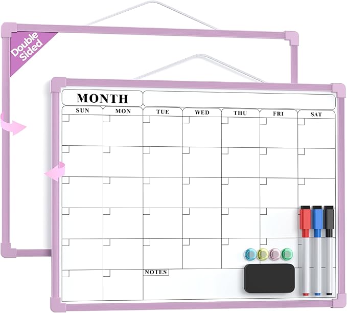 MaxGear Monthly Calendar Dry Erase Board for Wall, 16"x12" Small Hanging Double-Sided White Board, Portable Whiteboard for Planning, Drawing, Memo, to Do List, School, Home, Office, Purple Frame