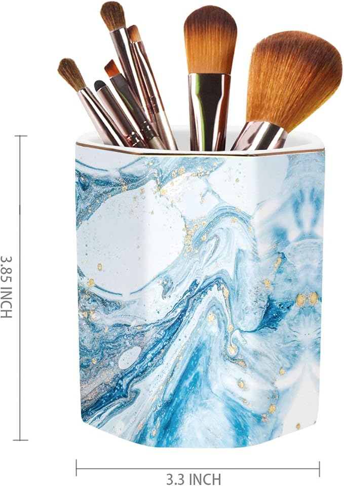 Pen Holder, Pencil Holder for Desk Marble Pattern Pencil Cup for Girls Kids Durable Ceramic Desk Organizer Makeup Brush Holder for Office, Classroom, Home, Blue Marble