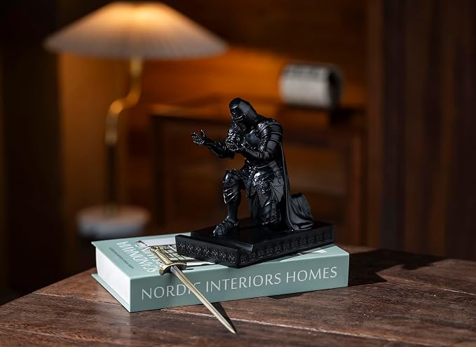 Medieval Templar Vanguard Officer Knight Pen Holder Desk Organizers Black | Pencil Stand Paperweight Desktop Decoration Accessories Cell Phone Stand with a Fancy Sword for Medieval Warrior Enthusiast