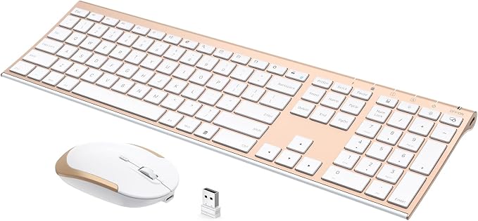 Vssoplor Wireless Keyboard and Mouse, Rechargeable Ultra Slim, White Gold | Quiet Full-Size Keyboard and Mouse Combo Set, for Laptop, PC, Notebook, Desktop, 2.4GHz Stable Connection, Ideal for Office