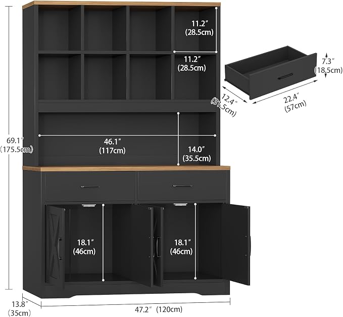 Storage Cabinet with Doors and Drawers, Pantry Cabinets, 5 Tier Floor Standing Bookshelves, Bookshelf and Bookcase, 8 Open Storage Shelves and Printer Stand for Study, Living Room, Office