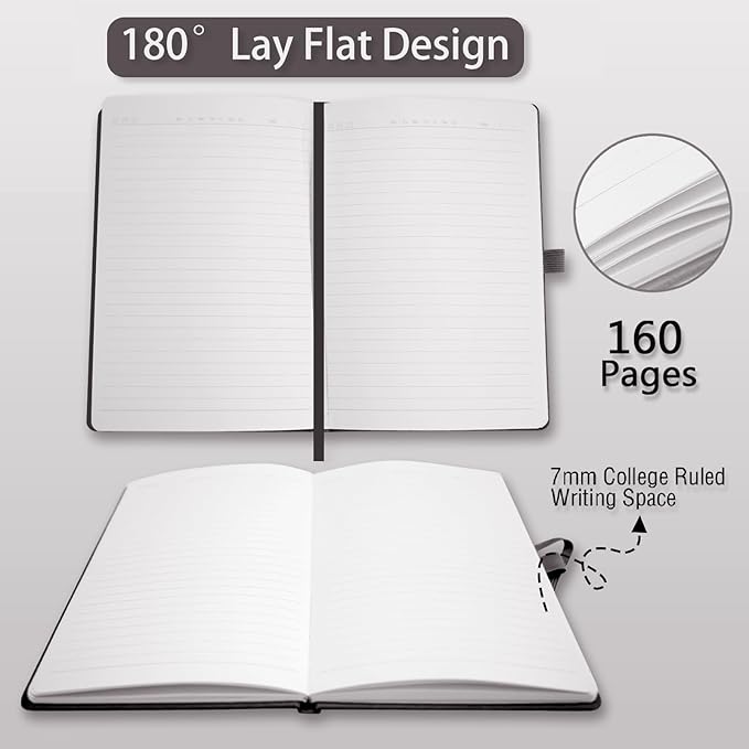 Hardcover Notebooks, A5 Lined Journals Notebook for Writing 160 Pages, 8.2 x 5.5 inch, Classic Ruled Notebooks for College/Work/Travel (Black, 1 Pack)