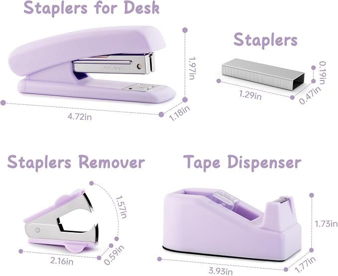 Purple Office Supplies, Kids Office Supplies and Accessories, Office Desk Set with Stapler, Tape Dispenser, Staple Remover, Clips and Scissors for Women, Boss Lady, Coworkers, Office Clerks, Kids