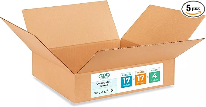 Medium Shipping & Moving Boxes 17 x 17 x 4 inches (5-Pack) - Extra Strength 200 lb vs Regular - USA-Made Corrugated Cardboard Boxes for USPS/UPS/FEDEX - Durable Medium Box for Moving by IDL Packaging