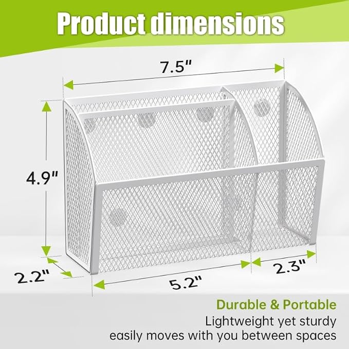 YINGHUA 3 Compartment Magnetic Metal Mesh Pen Holder, White Desk Caddy | Perfect magnetic organizer for locker, whiteboard, refrigerator, or office. Easily holds pens and accessories