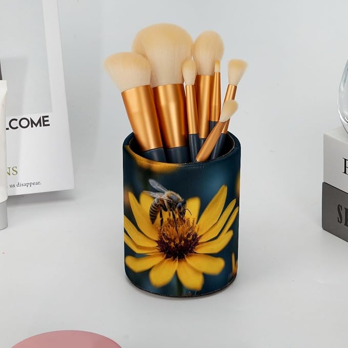 Leather Pen Holder for Desk, Honeybee Pencil Cup Pen Organizer Makeup Brush Holder for Office Home Kids Countertop Desk Accessory Storage