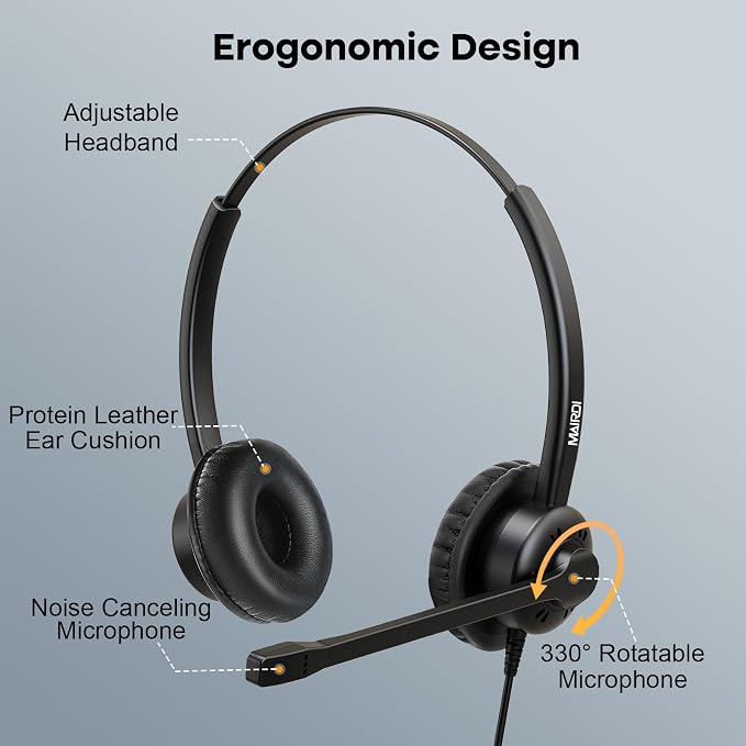 MAIRDI Phone Headset with Microphone Noise Canceling, Telephone Headset for Call Center, Office Headset with RJ9 & 3.5mm Jack for Landline Deskphone Cell Phone PC Laptop, Work for Polycom Avaya