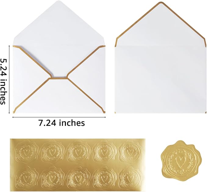 50 Pieces A7 Envelopes with Gold Border, 5.24 x 7.21 Inches Envelopes with Gold Stickers for Greeting Cards and Invitation (White, A7-5x7)