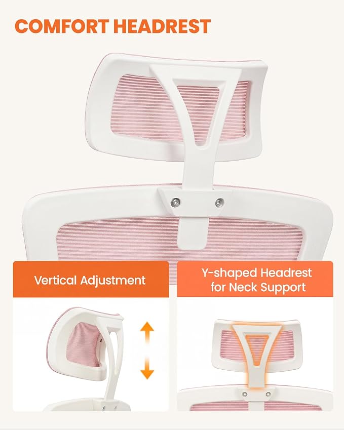 NEO CHAIR Office Chair with Adjustable Ergonomic Lumbar Headrest, Pink | Ergonomic Mesh Back Support with a Height-Adjustable Headrest and Flip-Up Armrests for All-Day Office and Computer Work