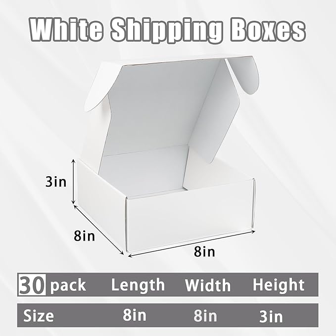FORBFAN 8x8x3 Shipping Boxes, 30 Pack White Mailer Boxes for Small Business, Medium Corrugated Cardboard Boxes for Mailing & Shipping