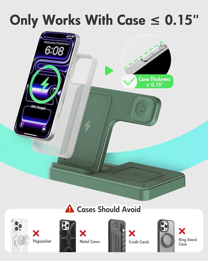 GETPALS Wireless Charger iPhone Charging Station for Apple Multiple Devices | 3 in 1 Charger Stand for iPhone 17 Pro Max 17e 16 16e 15 14 13 12 & Watch Series 11-2 SE Ultra & Airpods 4 3 Pro, Dark Green