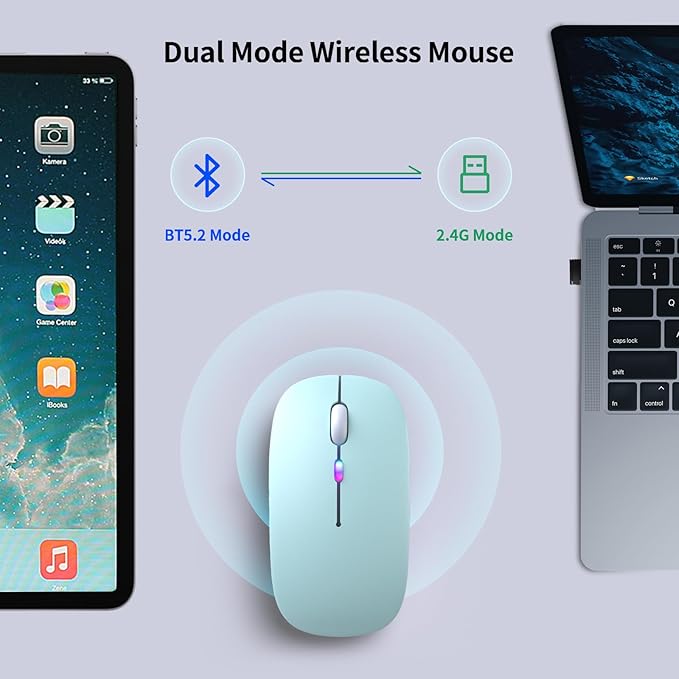 Wireless Bluetooth Mouse – Rechargeable, Silent, Dual Mode (Bluetooth 5.2 & USB) with LED Lights – Portable for Laptop, Desktop, & Tablet(Green)