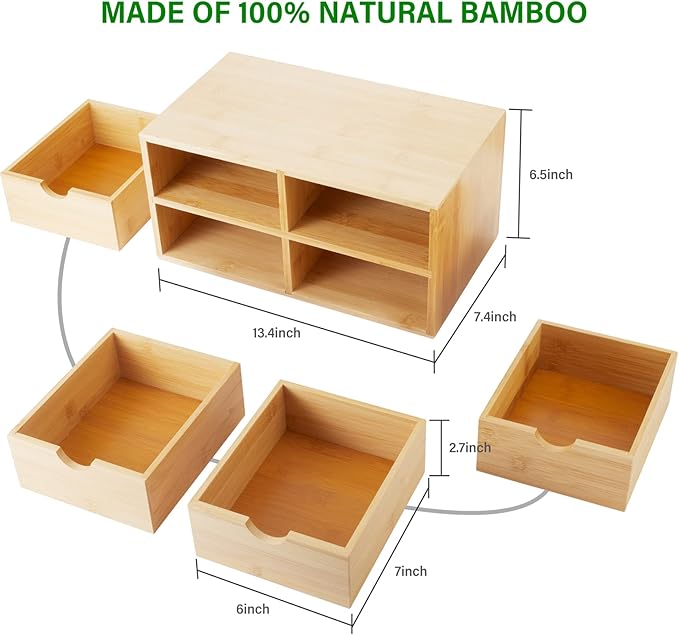Bamboo Desk Organizer With Drawers Countertop Drawers Counter Storage Box Corner Desk Organizer for Home Office No Assembly Required (4 Drawers)