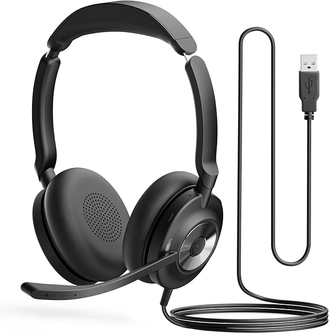 USB Headset with Microphone for PC, Active Noise Cancelling Headphones with ENC Noise Cancelling Mic, Wired Office Computer Headset with Mute for Call Center, Teams, Zoom