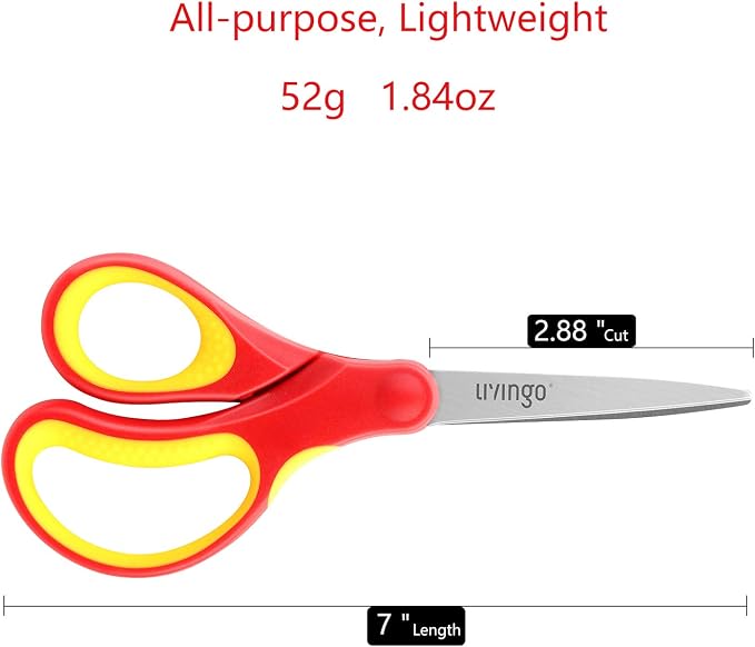 LIVINGO Kids Scissors for School 7" Pointed Tip 3 Pack | Sharp Stainless Steel Blade, Left Right Handed Design, Comfort Grip, Middle School Classroom Projects, Assorted Color