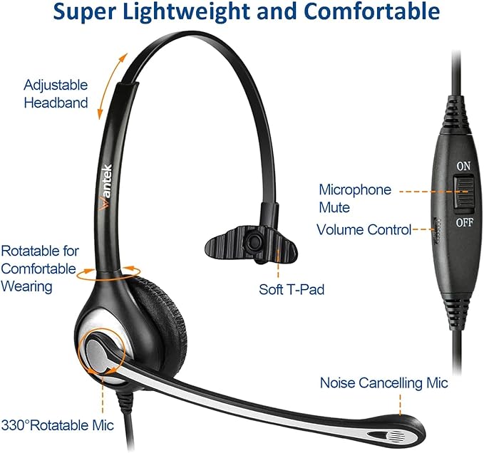 Wantek Yealink Phone Headset with Quick Disconnect Cord, RJ9 Office Telephone Headsets with Mic Noise Cancelling Compatible with Yealink VoIP Phone T21P T42S T46S T48S T27G T53W T54W Grandstream Snom