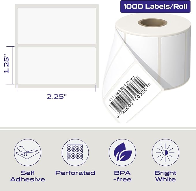 CEPRICO 2.25” x 1.25” Direct Thermal Labels – 12 Rolls (1000 Labels/Roll) Perforated Waterproof Barcode Address Sticker, Self-Adhesive White Label, Compatible w/Zebra & Rollo Printers for FBA Shipping