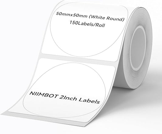 NIIMBOT Labels for B1/B21/B31 Label Maker, 50 x 50 mm (1.97'' x 1.97'') 150 Tapes/Roll, Thermal Label Tape, Waterproof, Oil-Proof for Home Office Small Business Labeling Tape Replacement(White Round)