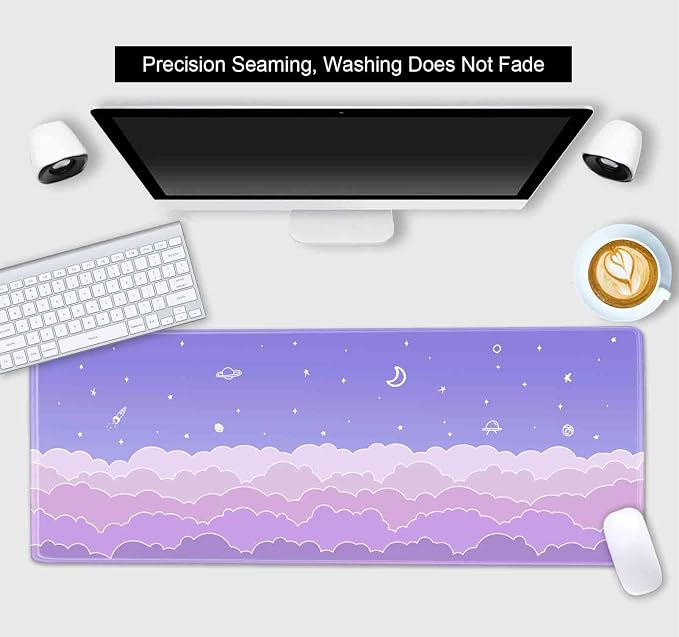 Cute Pastel Purple Desk Mat, Minimalist Large Gaming Mouse Pad Mousepad for Laplop, Kawaii Anime Desk Pad, Gradient Clouds Computer Pads, Aesthetic Stars Moon Deskpad, 31.5 X 11.8 Inch