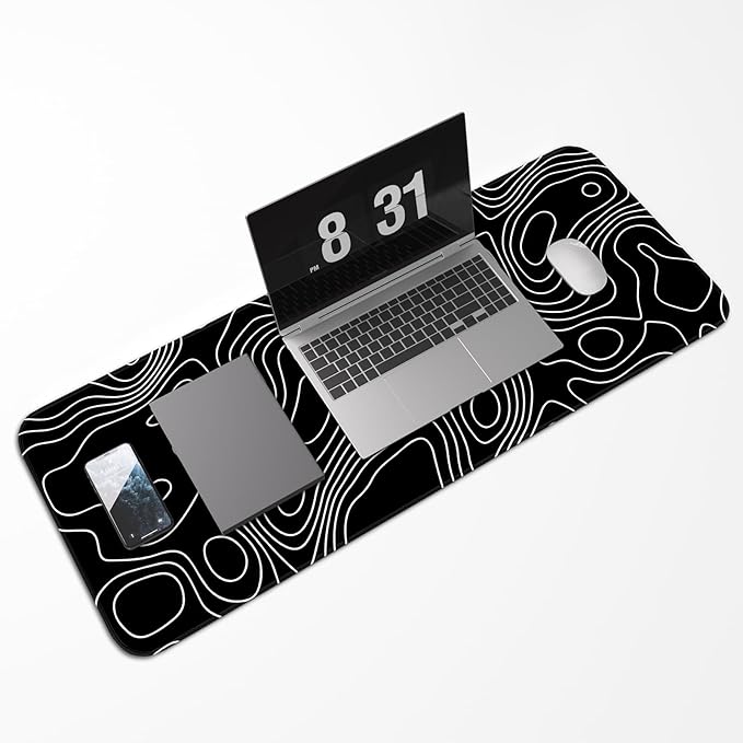 Gaming Mouse Pad, Non-Slip Rubber Base, Stitched Edge Mouse Pad for Office, Home, Black Terrain Line, Extra Large 31.5x11.8 Inch