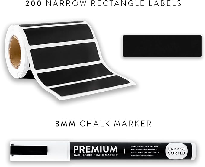 SAVVY & SORTED Chalkboard Labels Stickers - 200 Removable, Reusable, Erasable Labels for Jars, Containers, Pantry Storage, Glass Bottles