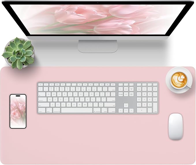 Pink Leather Desk Pad Large Mouse Pad, 35.4"x17" | Waterproof Desk Mat for Keyboard and Mouse, Non-Slip Computer Desk Protector, Smooth Mouse Control for Home Office