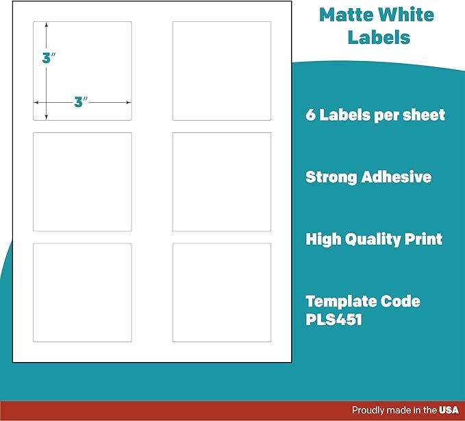 Premium Label Supply White Sticker Square Labels – 3" x 3" – Laser/Inkjet Compatible – (6 per Sheet), 100 Sheets – 600 Total Adhesive Labels