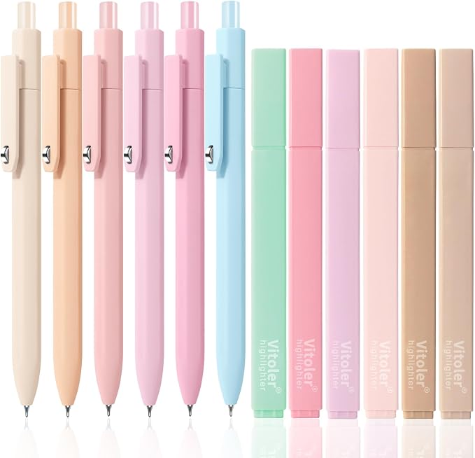 Piochoo Bible Highlighters and Black Ink Pens,Smooth Writing and No Bleed | Soft Chisel Tip Cute Pastel Highlighters 6pcs & 0.5mm Quick-Drying Gel Pens 6pcs for Bible Studying Office School Supplies