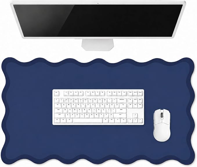 Hahafelt Scalloped Desk Mat Waterproof,Navy Blue,31.5 X 15.8 Inches | Coquette Preppy Style for School Office Makeup Vanity, Nonslip Gaming Desktop Protector with Scalloped Stitched Edge Mat