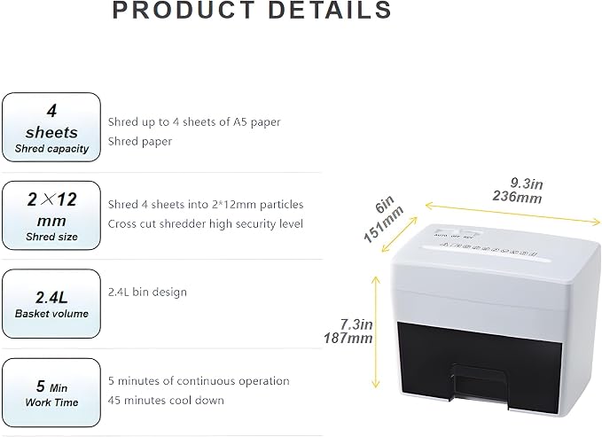 Micro Cut Paper Shredder for Home Office - Mini Electric Desktop Shredder with Cross-Cut, Confidential Document Security for Private/Individual Offices, White & Space-Saving