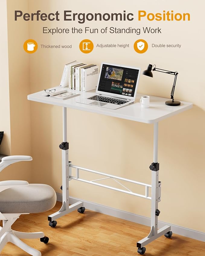 Small Standing Desk Adjustable Height, Mobile Stand Up Desk with Wheels, 32 Inch Portable Rolling Desks Conference Room Tables for Walking Pad Treadmill Pure White