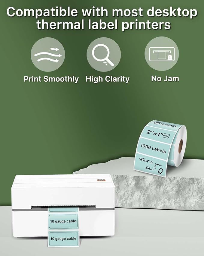 iEager 2x1 Inch Thermal Labels, Green Rectangle Thermal Printer Stickers, Durable Shipping Label Printer Sticker for Barcode, Name, Address, 1000 Labels/Roll