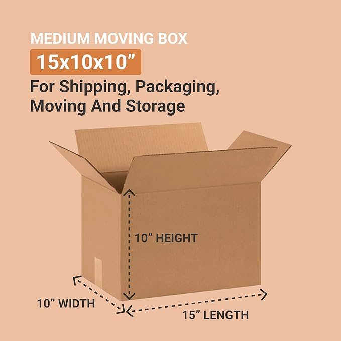 BOX USA Shipping Boxes Medium 15"L x 10"W x 10"H 25-Pack - Corrugated Cardboard Box for Moving, Mailing, Packing, Packaging and Storage