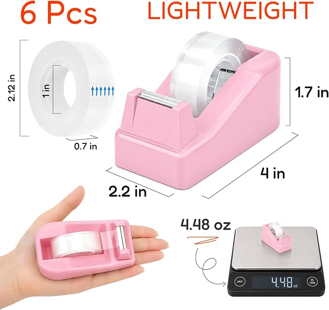 Lightweight Desktop Tape Dispenser, 6 Rolls Tape, 1-Inch Core | Transparent Tape Holder with Stable Non-Skid Base, 0.71 in x 1000 in Each Roll, for Office, Home & School Use