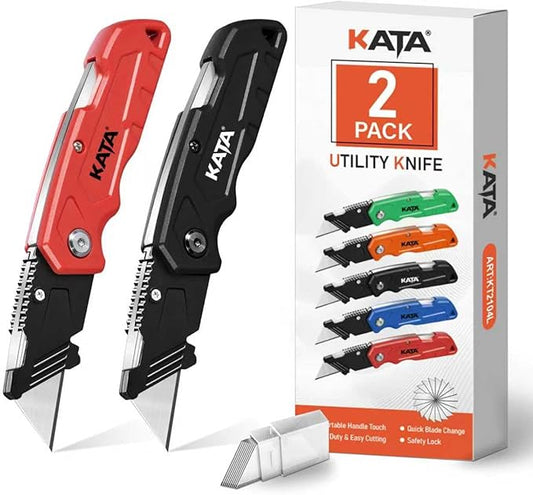 KATA 2-PACK Folding Utility Knife, Heavy Duty Box Cutter with 10pcs SK5 Quick Change Blades, Safety Lock Back Design, Used for Cutting Cartons, Cardboards and Boxes, Black and Red