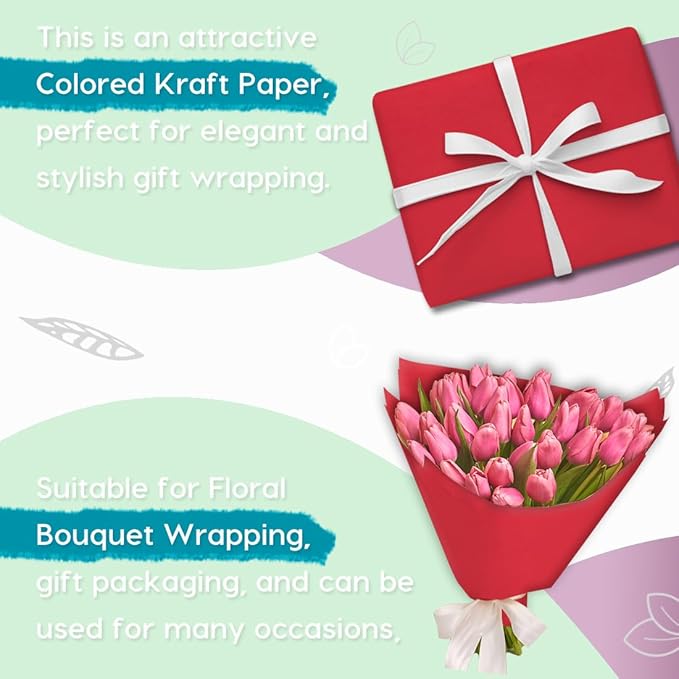 SMART&CASUAL 36" x 1,500" (125') Red Kraft Craft Paper Roll for Gift Wrapping Bulletin Board Bouquet Flower Kids Art Packing Parcel Table Covering 80GSM 55LB (Red, 36" x 125')