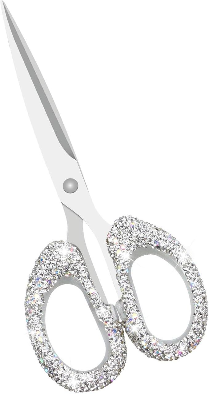 Koqye 6.3-Inch Rhinestone Scissors - Stainless Steel Cute Scissors for Office, Home & Crafting, Decorative Bling Handle Paper Cutting Tool (White)