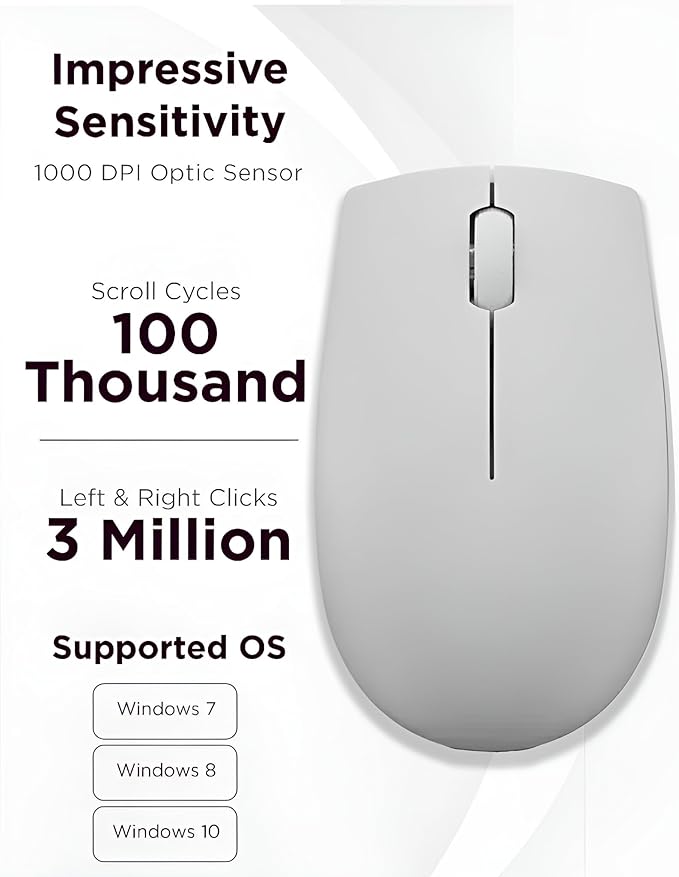 Lenovo 300 Wireless Mouse – Computer Mouse for PC, Laptop with Windows – Ambidextrous Design – 2.4 GHz Nano USB Receiver – 12 Month Battery Life