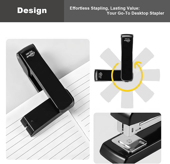 Heavy-Duty Metal Swing-Arm Stapler with 2000 Stapless (24/6 & 26/6), Black | 360° Rotatable for Booklet Binding, 25 Sheet Capacity
