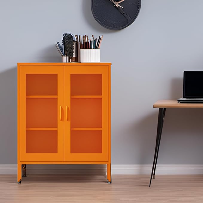 Washsemba Metal Storage Cabinet with Mesh Doors,Steel Display Cabinet with Adjustable Shelves,Metal Office Storage Locker for Home Office,Garage (Orange, 40''H)