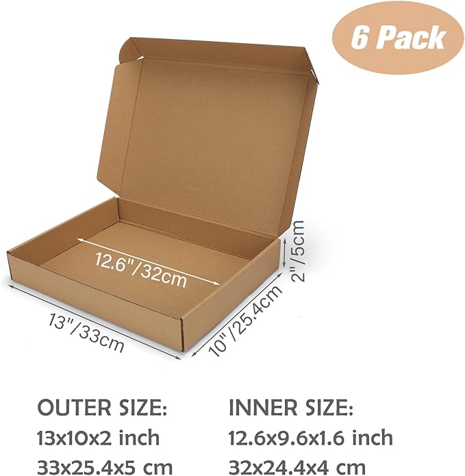 13x10x2 inch Shipping Boxes Set of 6 Brown, Inner Size 12.6x9.6x1.6 inch Cardboard Box Mailers for Small Business Packaging Mailing or Gift Wrapping Giving