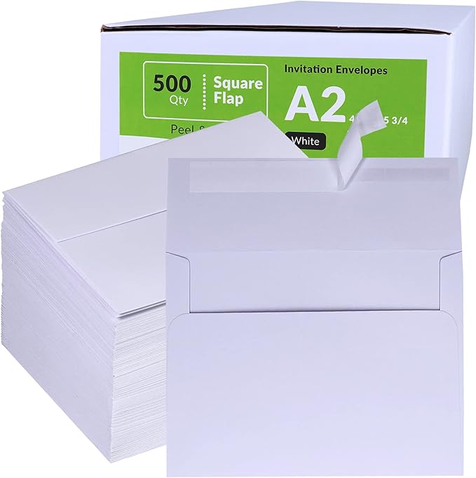 500 Pcs Bulk A2 Invitation Envelopes in White Peel & Press Self Seal 4 3/8 x 5 3/4 Square Flap Envelopes RSVP Return Envelopes 95lb. for Announcement Mailing 4x5 Greeting Cards Photo 1/4 Fold Cards
