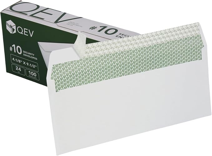 100 count #10 Self Seal Security Letter Size Envelopes, No. 10 or 4.1/8" x 9.1/2", 24 lb White Paper, Windowless