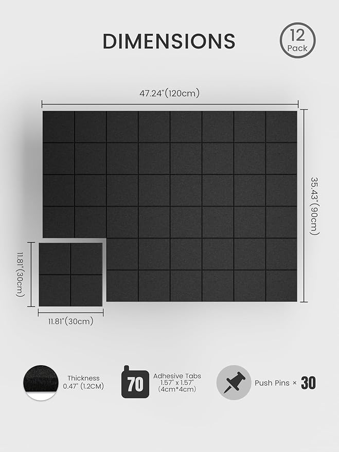 Bumusty Large Felt Bulletin Board, 48" x 36" Cork Board Alternative, 12-Pack Wall Tiles with 4-Compartment Design, 30 Push Pins, 70 Adhesive Tabs, Ideal for Office & Home Decor, Black