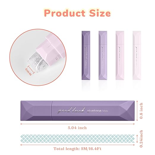 Temiary 4-Pack Double Sided Tape Roller, 6 mm x 196 Inch Adhesive Tape Glue Scrapbook Dispenser Runner for Scrapbooking Craft Supplies Office School (Purple)
