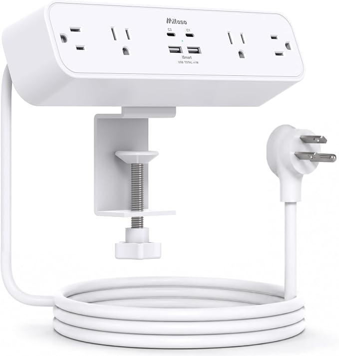 Mifaso PD40W USB C Desk Clamp Power Strip, 1080J Surge Protector | 4 Outlets, 4 USB (2 USBC), 5FT Extension Cord, Desk Organizer Gaming Accessories Home Office Essentials, Fits 1.96" Edge