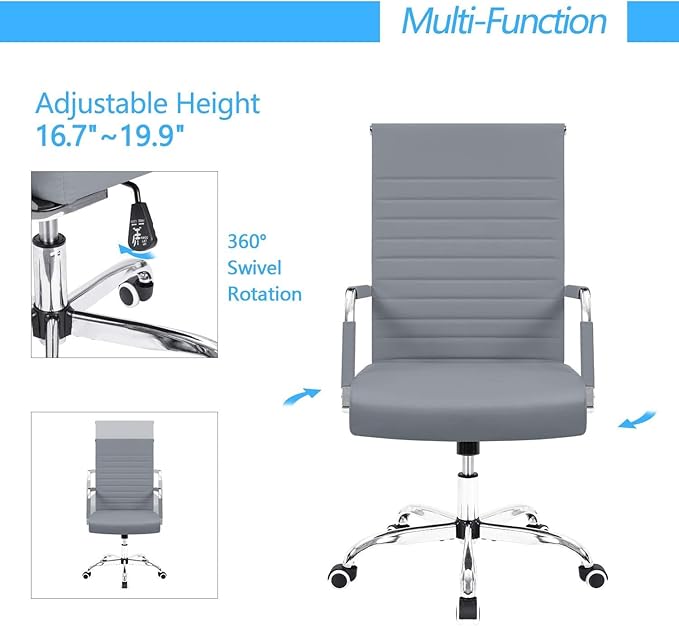 Furmax Ergonomic Office Desk Chair, Executive Ribbed Mid-Back PU Leather Conference Room Chair Adjustable Swivel Chair with Arms (1, Grey)