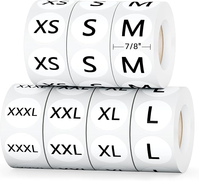 3500 PCS 7/8" Size Labels for Clothing Retail, 7 Sizes (XS-XXXL) | Round Self Adhesive Size Stickers, for T Shirts/Trousers/Skirt Retail, BPA free, Easy Peel, 7 Rolls (White with Black Word)