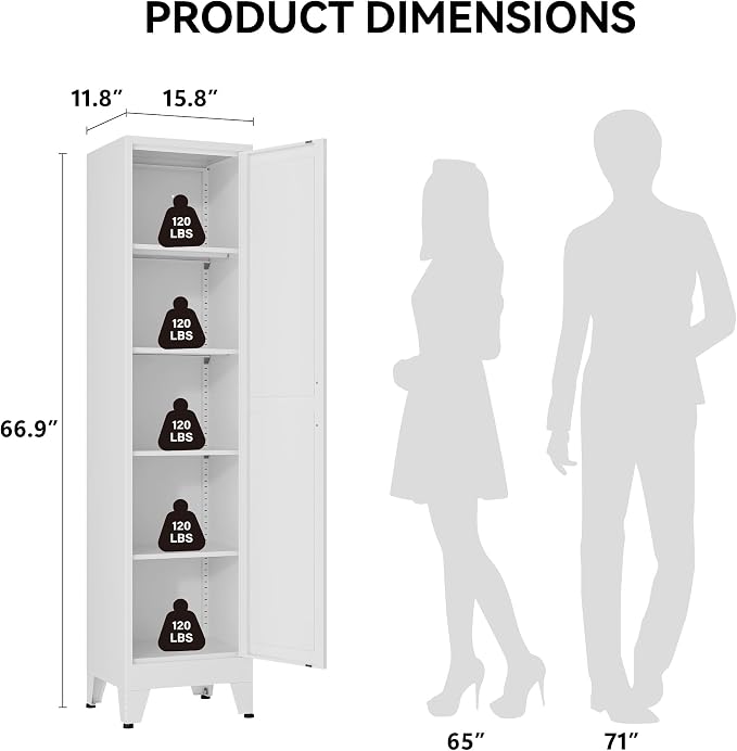 COFaR 67" Tall Metal Pantry Cabinet, White Storage Cabinet with Magnetic Door & 4 Adjustable Shelves, Slim Freestanding Cupboard for Kitchen, Bathroom, Living Room